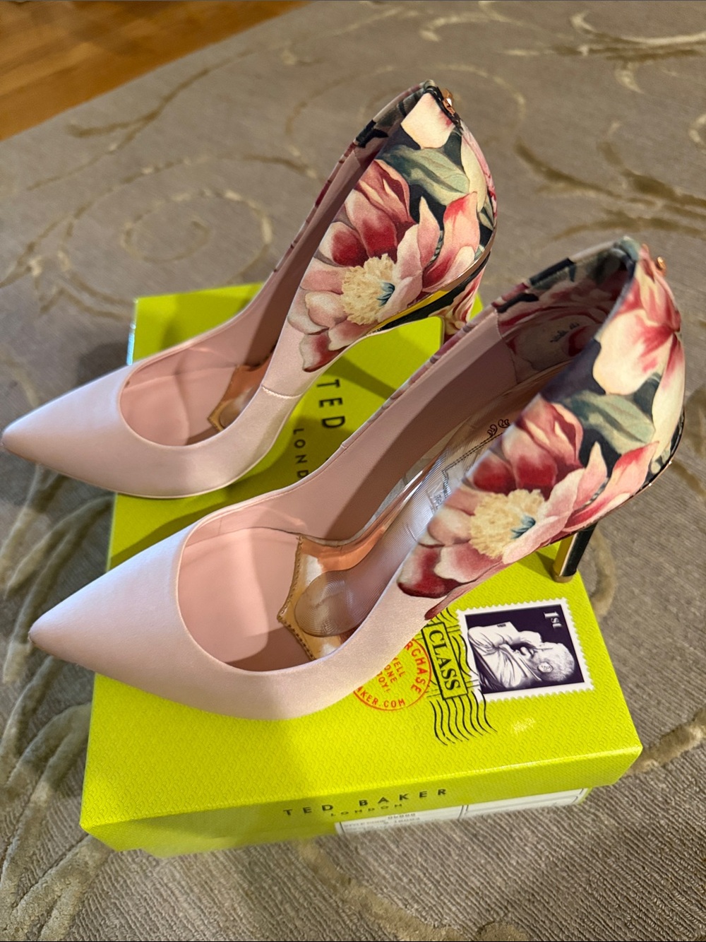 Ted Baker Blush Pink Satin Pumps with Floral Heel